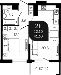 2-комн., 41.3 м², 16/22 этаж, ЖК «Отражение»