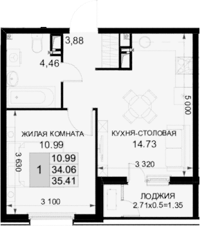 1-комн., 34.06 м², 14/18 этаж, ЖК «Фонтаны»