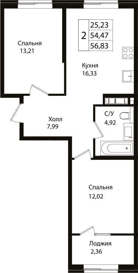 3-комн., 54.47 м², 8/9 этаж, ЖК «Патрики»