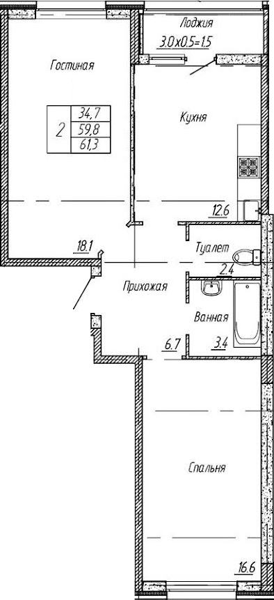 2-комн., 59.8 м², 2/9 этаж, ЖК «Архитектор. ГК ЮгСтройИнвест»
