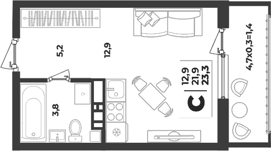 Студия, 21.9 м², 3/9 этаж, ЖК «Лето»