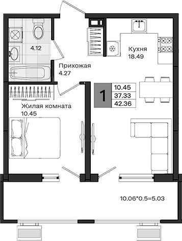 1-комн., 37.33 м², 7/8 этаж, ЖК «МОНО квартал»