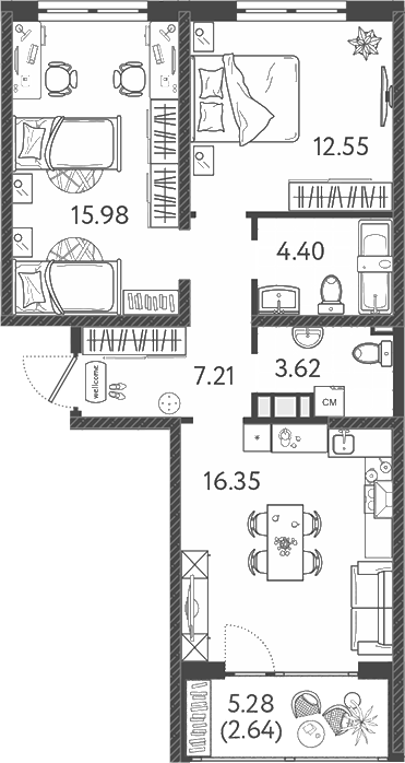 3-комн., 59.7 м², 2/9 этаж, ЖК «Друзья»