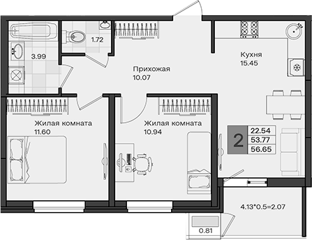 Продается 2-комн. квартира, 53.77 м²