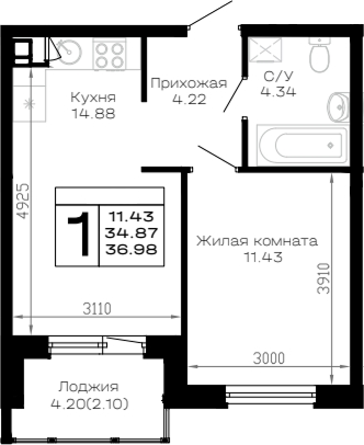 1-комн., 34.87 м², 2/4 этаж, ЖК «Усадьба Гостагаевская»