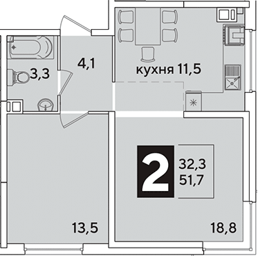 2-комн., 51.7 м², 3/16 этаж, ЖК «Самолет»