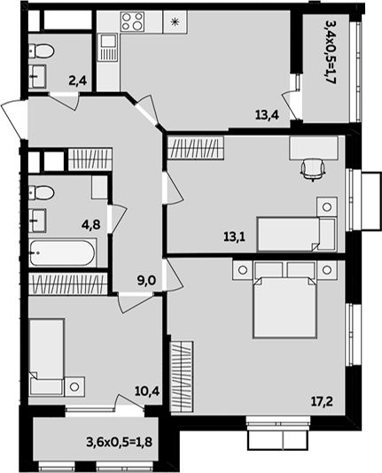 3-комн., 70.3 м², 5/16 этаж, ЖК «МегаСити»