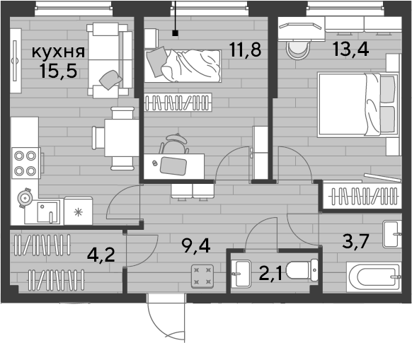 2-комн., 60.1 м², 2/16 этаж, ЖК «DОГМА ПАРК»