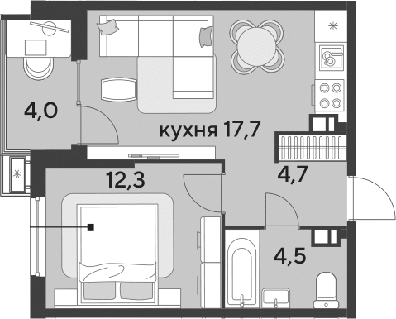 2-комн., 39.2 м², 7/18 этаж, ЖК «Парк Победы»