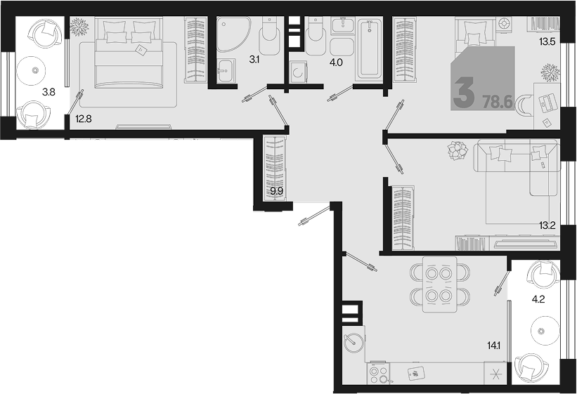 3-комн., 70.6 м², 4/9 этаж, ЖК «Первое место»