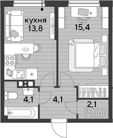 1-комн., 39.5 м², 7/19 этаж, ЖК «DОГМА ПАРК»