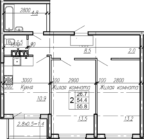 2-комн., 54.4 м², 4/4 этаж, ЖК «Эво»