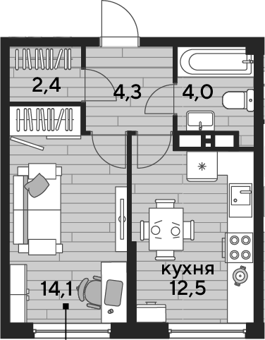1-комн., 37.3 м², 11/16 этаж, ЖК «DОГМА ПАРК»
