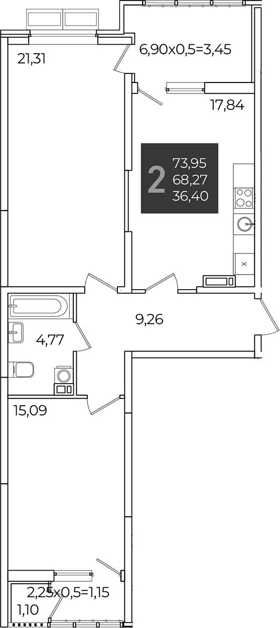 2-комн., 68.27 м², 19/21 этаж, ЖК «Образцово»