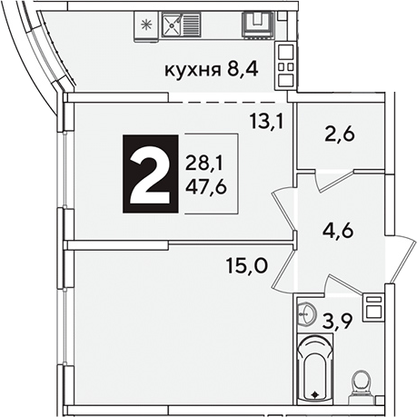 2-комн., 47.6 м², 6/16 этаж, ЖК «Самолет»