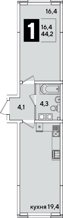 2-комн., 44.2 м², 5/16 этаж, ЖК «Самолет»