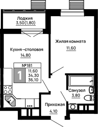Продается 1-комн. квартира, 34.3 м²