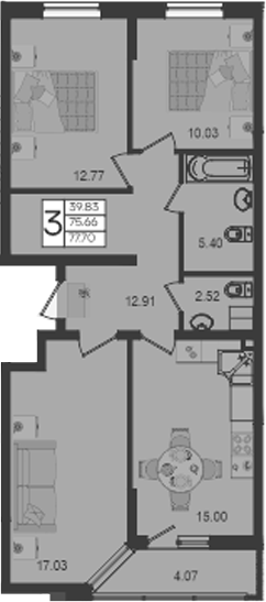 3-комн., 75.66 м², 2/18 этаж, ЖК «Дом 101»