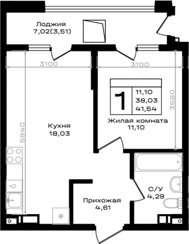 1-комн., 38.03 м², 4/9 этаж, ЖК «ЮЖНО»