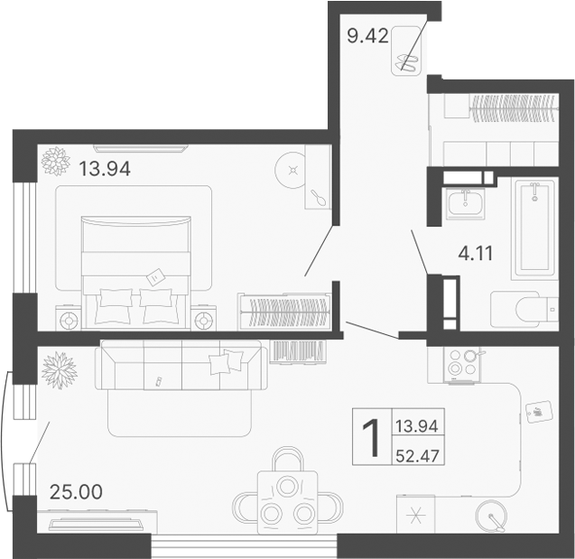 1-комн., 52.47 м², 13/17 этаж, ЖК «Светский лес»