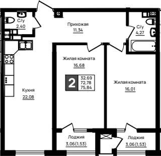 Продается 2-комн. квартира, 72.78 м²