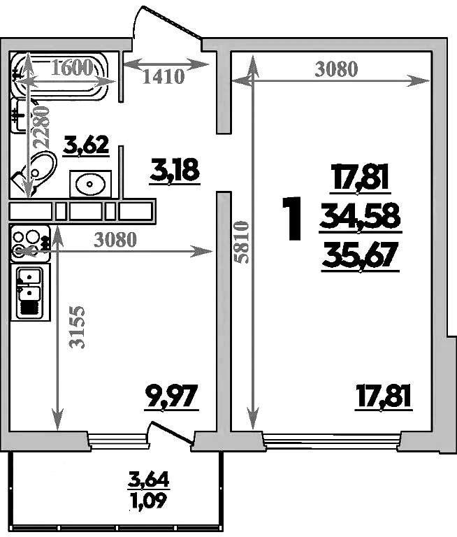 1-комн., 34.58 м², 7/9 этаж, ЖК «Романовский»