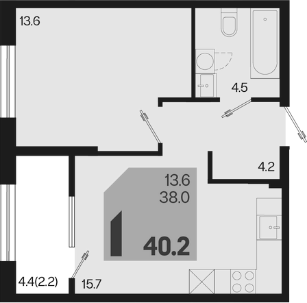 2-комн., 38 м², 2/18 этаж, ЖК «Первое место»