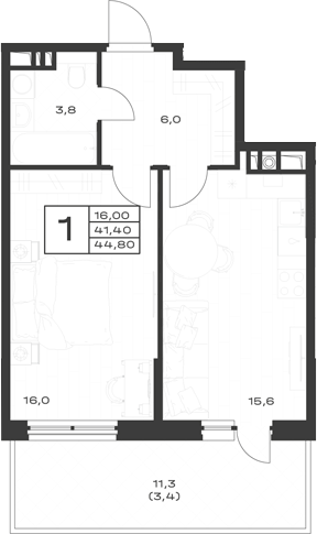 1-комн., 41.4 м², 1/4 этаж, ЖК «ЭкоСфера. ГК Во-первых»