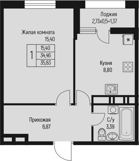 1-комн., 34.46 м², 3/10 этаж, ЖК «Ритм»