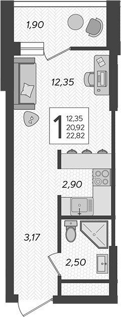 Студия, 20.92 м², 18/19 этаж, ЖК «Кислород»