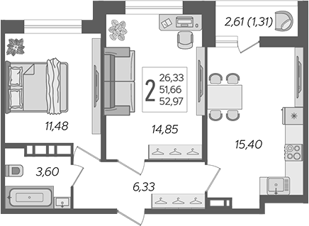 3-комн., 51.66 м², 8/12 этаж, ЖК «Смородина»
