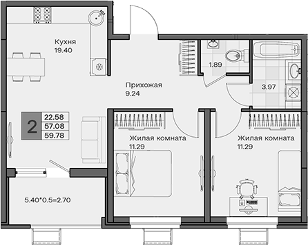2-комн., 57.08 м², 4/8 этаж, ЖК «МОНО квартал»