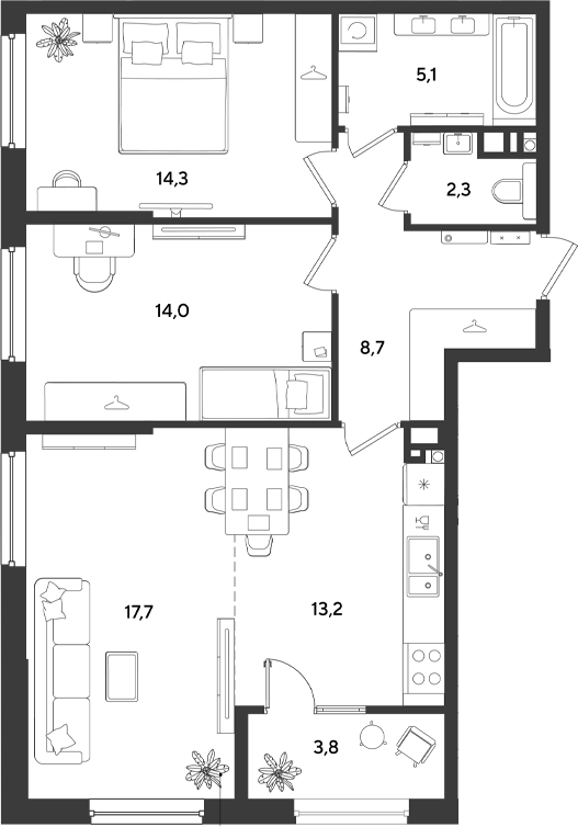 3-комн., 75.3 м², 3/9 этаж, ЖК «Ридз»