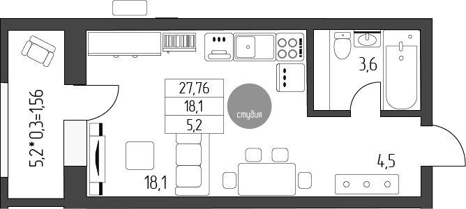 Студия, 26.2 м², 3/5 этаж, ЖК «Лермонтов»