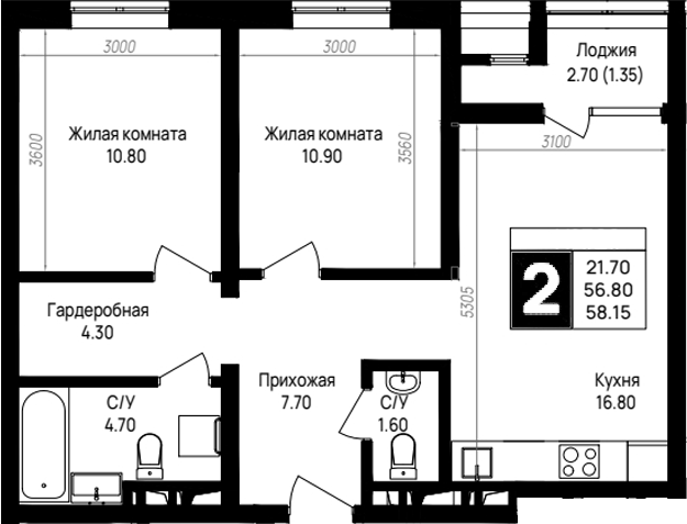 2-комн., 56.8 м², 3/9 этаж, ЖК «На высоком берегу»