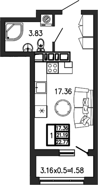 Студия, 21.19 м², 1/7 этаж, ЖК «Суворов»