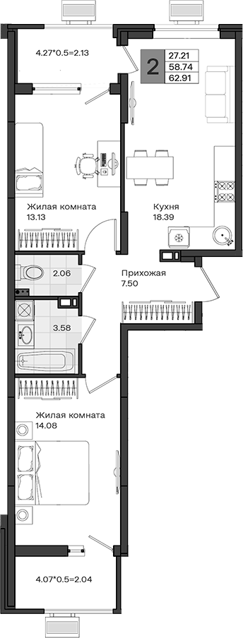 2-комн., 58.74 м², 3/8 этаж, ЖК «МОНО квартал»