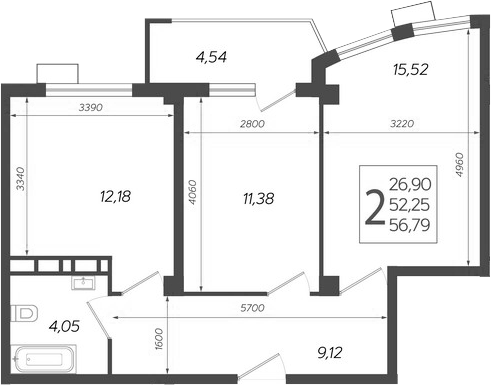 2-комн., 52.25 м², 7/14 этаж, ЖК «Режиссер»