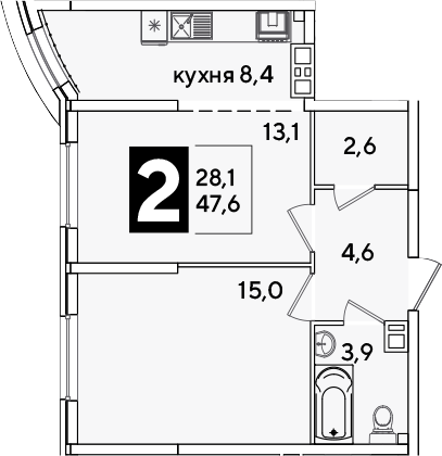 2-комн., 47.6 м², 9/16 этаж, ЖК «Самолет»