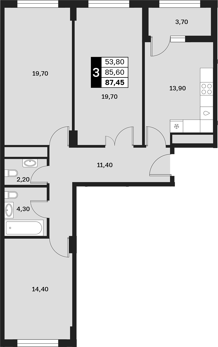 3-комн., 85.6 м², 5/14 этаж, ЖК «Аксис Патриот»