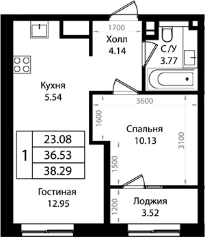 2-комн., 36.53 м², 3/18 этаж, ЖК «Патрики»