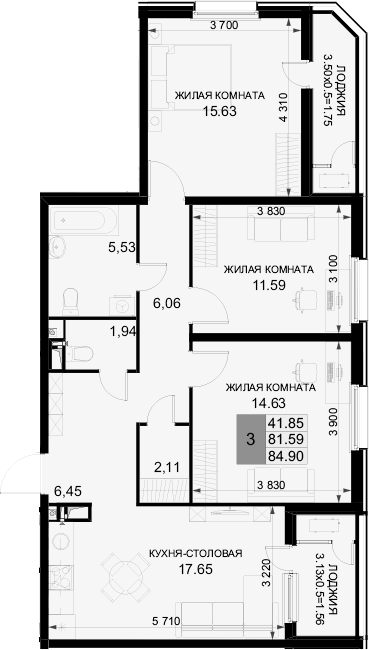 3-комн., 81.59 м², 12/18 этаж, ЖК «Фонтаны»