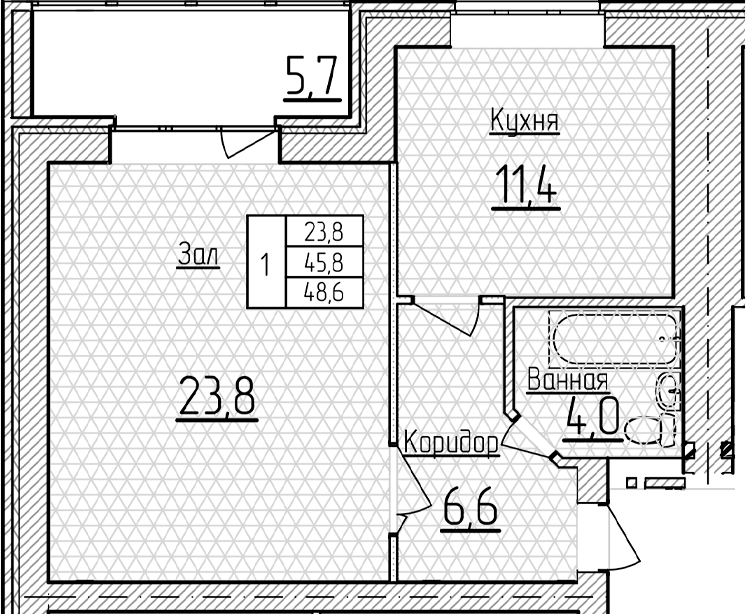 1-комн., 45.75 м², 5/5 этаж, ЖК «Фестивальный»