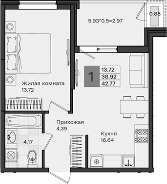 1-комн., 38.92 м², 2/8 этаж, ЖК «МОНО квартал»