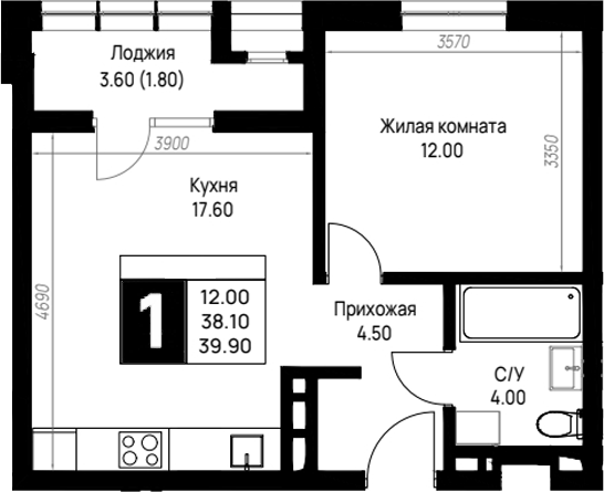 Продается 1-комн. квартира, 38.1 м²
