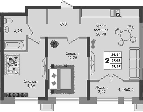 2-комн., 57.65 м², 8/9 этаж, ЖК «Зеленая территория»