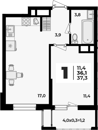 2-комн., 36.1 м², 2/8 этаж, ЖК «Родной дом 5»