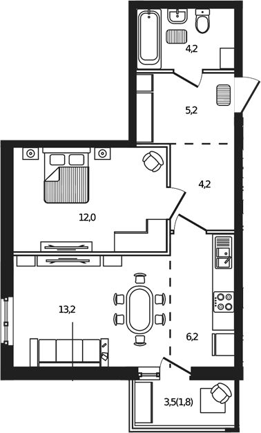 2-комн., 45 м², 9/9 этаж, ЖК «Сиреневый бульвар»