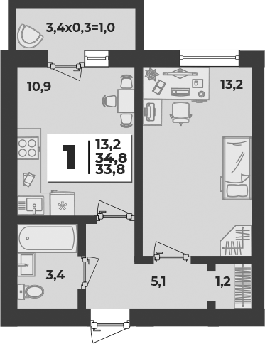 1-комн., 33.8 м², 1/5 этаж, ЖК «Дарград»