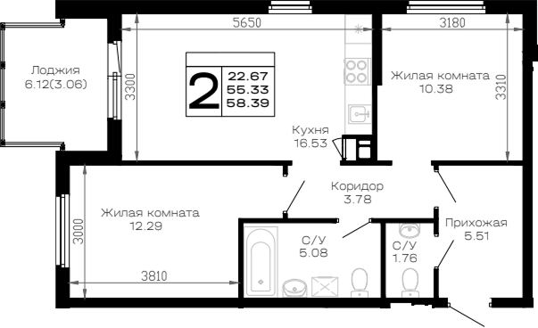 2-комн., 55.33 м², 2/4 этаж, ЖК «Усадьба Гостагаевская»
